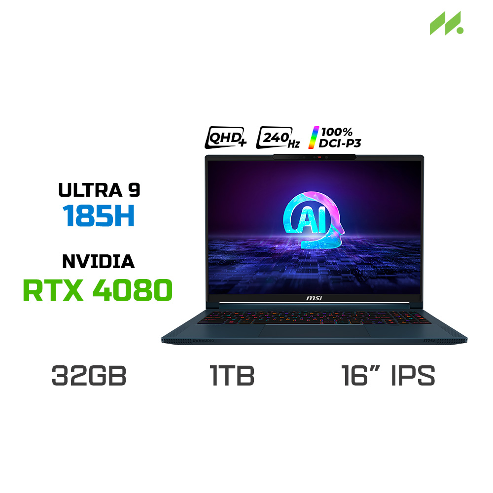 Laptop Gaming MSI Stealth 16 AI Studio A1VHG-241VN (Ultra 9 185H, RTX 4080 12GB, RAM 32GB DDR5, SSD 1TB, 16 Inch QHD+ IPS 240Hz 100% DCI-P3)