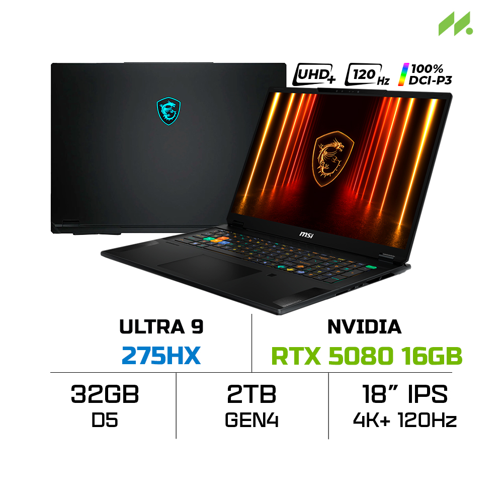 Laptop MSI Stealth 18 HX AI A2XWIG-017VN (Ultra 9 275HX, RTX 5080 GDDR7 16GB, RAM 32GB DDR5, SSD 2TB, 18 Inch UHD+ IPS 120Hz 100% DCI-P3)