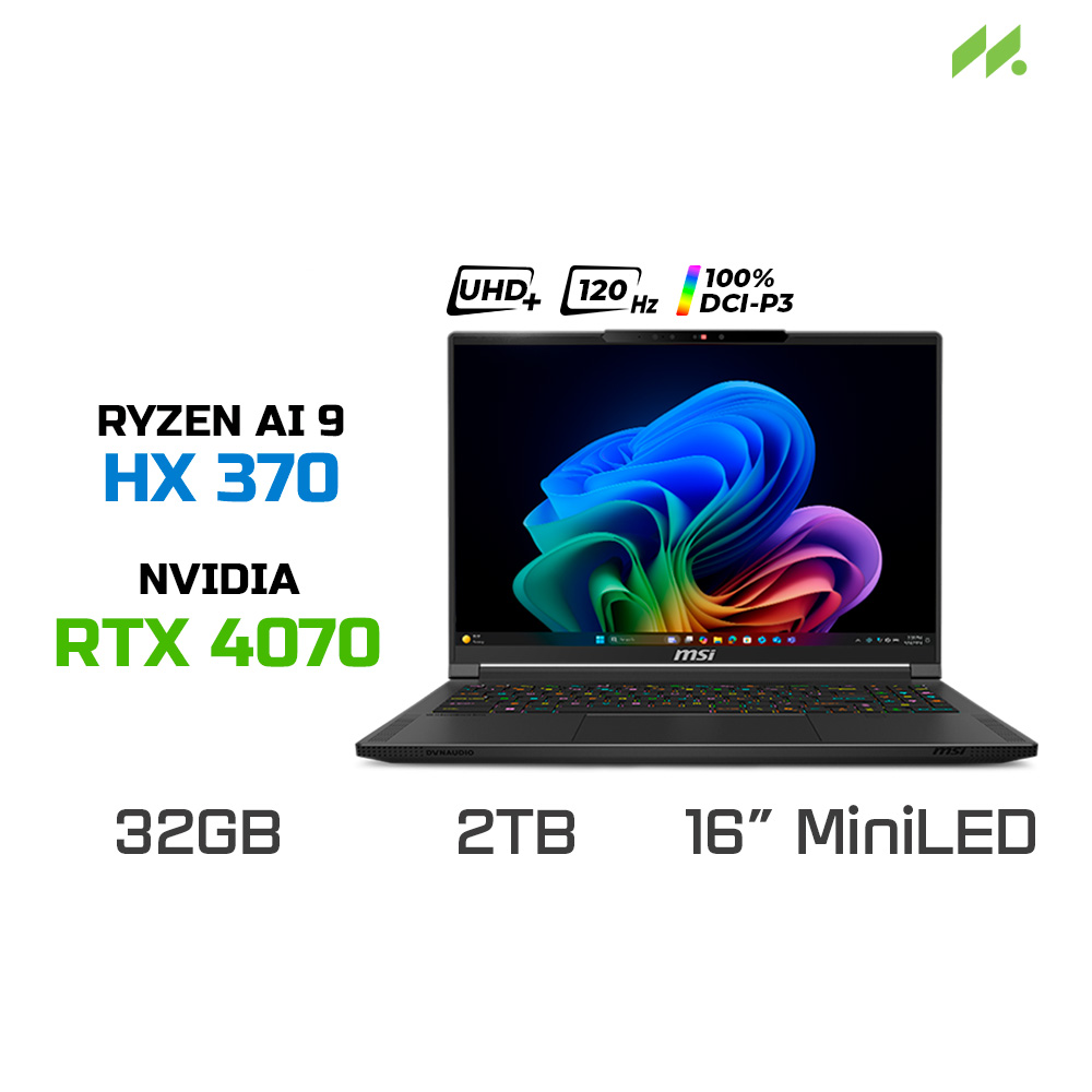 Laptop Gaming MSI Stealth A16 AI+ A3XVGG-208VN (Ryzen AI 9 HX 370, RTX 4070 8GB, Ram 32GB LPDDR5, SSD 2TB, 16 Inch Mini-LED 120Hz 100% DCI-P3)