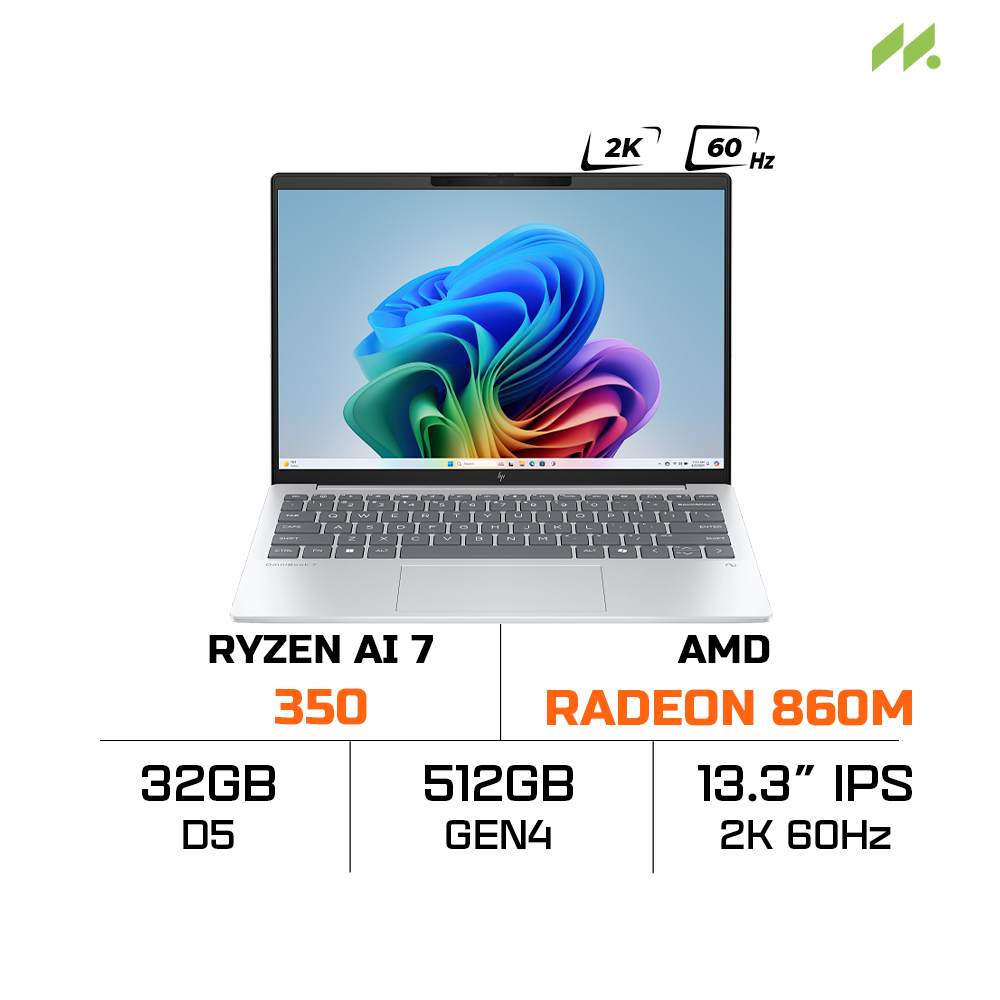 Laptop HP OmniBook 7 Aero 13-bg1083AU BZ7R9PA (Ryzen AI 7 350, AMD Graphics, RAM 32GB LPDDR5x, SSD 512GB, 13.3 inch IPS 2K 60Hz, Win 11/Office HS 24)