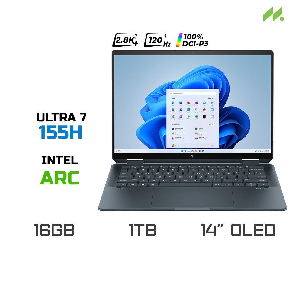 Laptop HP Spectre x360 14-eu0051TU A2NL3PA (Ultra 7 155H, Intel Arc Graphics, RAM 16GB LPDDR5, SSD 1TB, 14 Inch OLED 120Hz 2.8K 100% DCI-P3, Touchscreen)