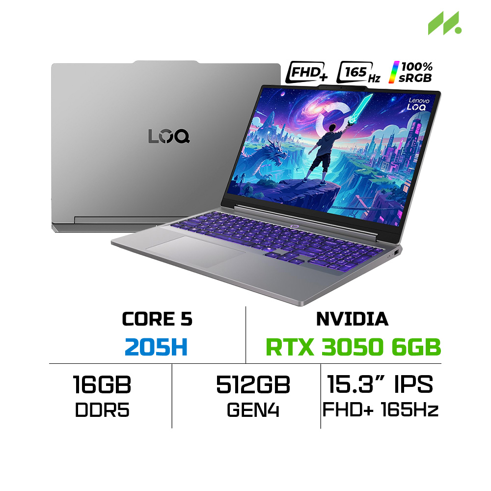 Laptop Lenovo LOQ 15IRH11E 83Y9003WVN (Core 5 205H, RTX 3050 6GB, RAM 16GB DDR5, SSD 512GB, 15.3 Inch IPS WUXGA 165hz 100% sRGB, Win 11 Home)