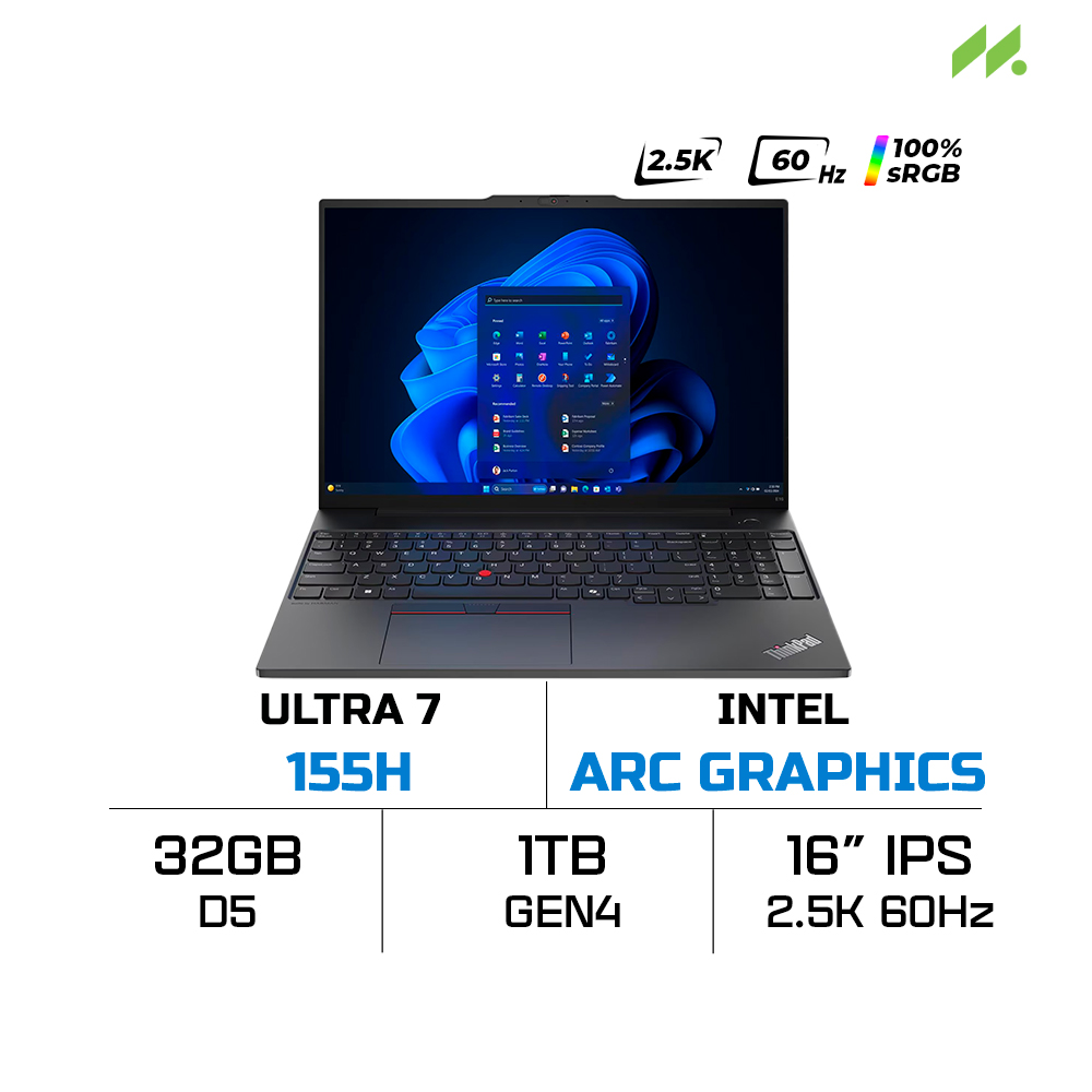 Laptop Lenovo ThinkPad E16 Gen 2 21MA004PVN (Ultra 7 155H, Intel Arc Graphics, RAM 32GB DDR5, SSD 1TB, 16 Inch IPS WQXGA 60Hz 100% sRGB, Win 11)