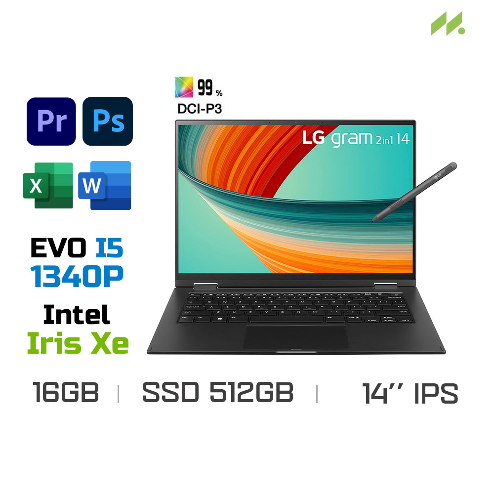 Laptop LG Gram 2 in 1 2023 14T90R-G.AH55A5 (i5-1340P EVO, Iris Xe Graphics, Ram 16GB LPDDR5, SSD 512GB, 14 Inch IPS TouchScreen, Bút cảm ứng)