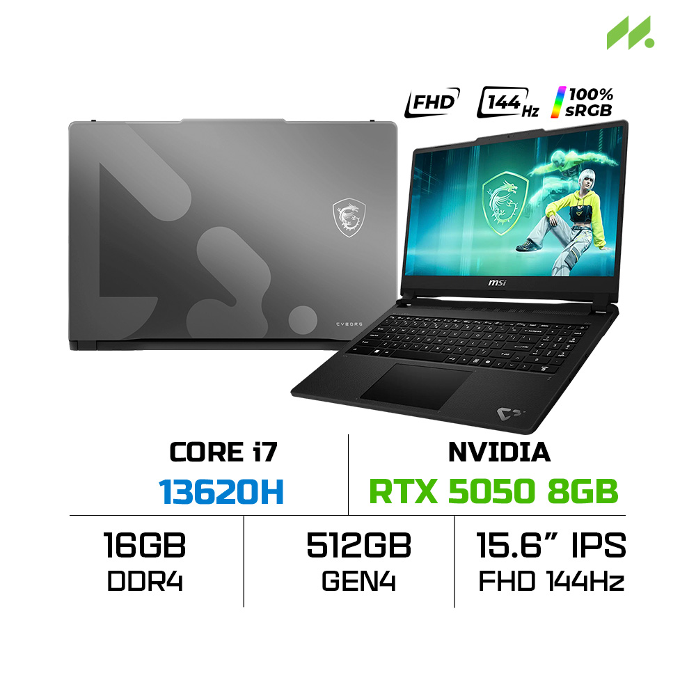 Laptop MSI Cyborg 15 C13WEO-417VN (i7-13620H, RTX 5050 8GB, RAM 16GB DDR4, SSD 512GB, 15.6 Inch IPS FHD 144Hz 100% sRGB, Win 11 Home)