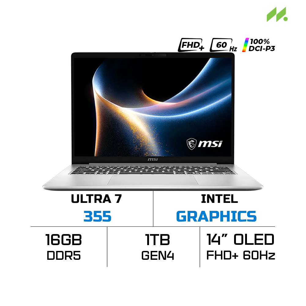 Laptop MSI Modern 14S AI+ G3MG-050VN (Ultra 7 355, Intel Graphics, RAM 16GB DDR5, SSD 1TB, 14 Inch OLED FHD+ 60Hz 100% DCI-P3, Win 11 Home)