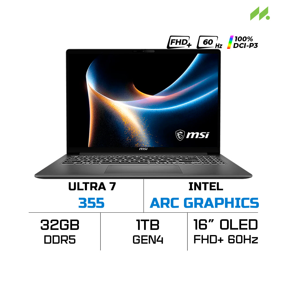 Laptop MSI Modern 16S AI+ G3MG-058VN (Ultra 7 355, Intel Arc Graphics, RAM 32GB DDR5, SSD 1TB, 16 Inch OLED FHD+ 60Hz 100% DCI-P3, Win 11 Home)