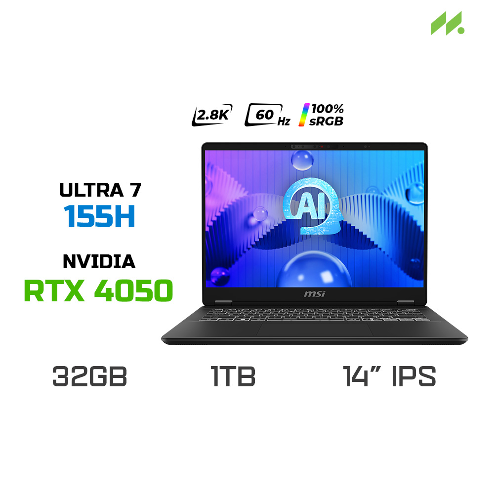 Laptop MSI Prestige 14 AI Studio C1VEG-056VN (Ultra 7 155H, RTX 4050 6GB, RAM 32GB DDR5, SSD 1TB, 14 Inch IPS 2.8K 60Hz)
