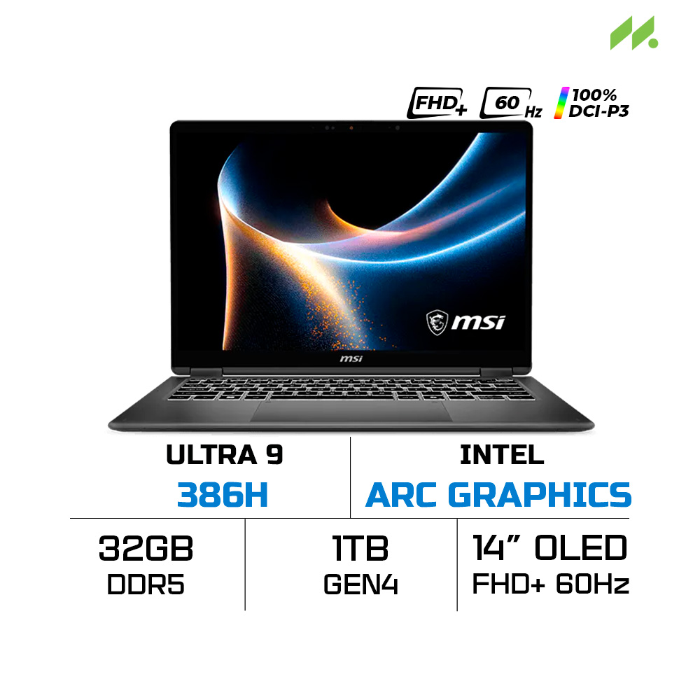 Laptop MSI Prestige 14 Flip AI+ D3MTG-021VN (Ultra 9 386H, Intel Arc Graphics, RAM 32GB LPDDR5x, SSD 1TB, 14 Inch OLED FHD+ 60Hz 100% DCI-P3, Win 11 Home)