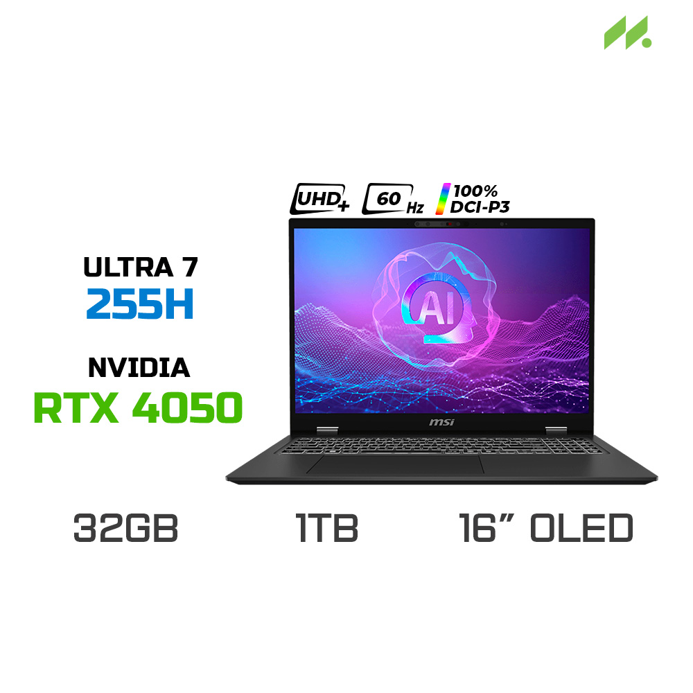 Laptop MSI PrestigePro 16 AI B2HVEG-251VN (Ultra 7 255H, RTX 4050 6GB GDDR6, RAM 32GB LPDDR5, SSD 1TB, 16 Inch OLED UHD+ 100% DCI-P3)