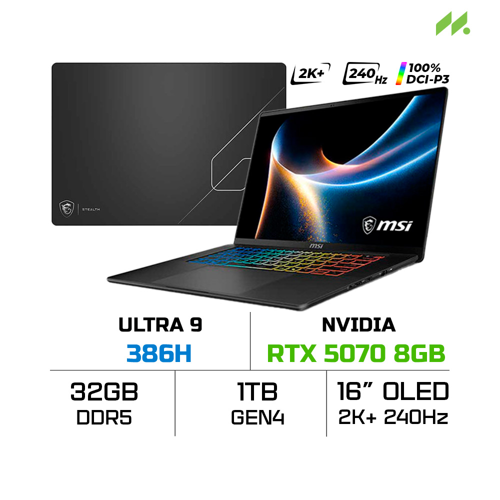 Laptop MSI Stealth 16 AI+ B3WG-008VN (Ultra 9 386H, RTX 5070 8GB, RAM 32GB, SSD 1TB, 16 Inch OLED QHD+ 240Hz 100% DCI-P3, Win 11 Home)