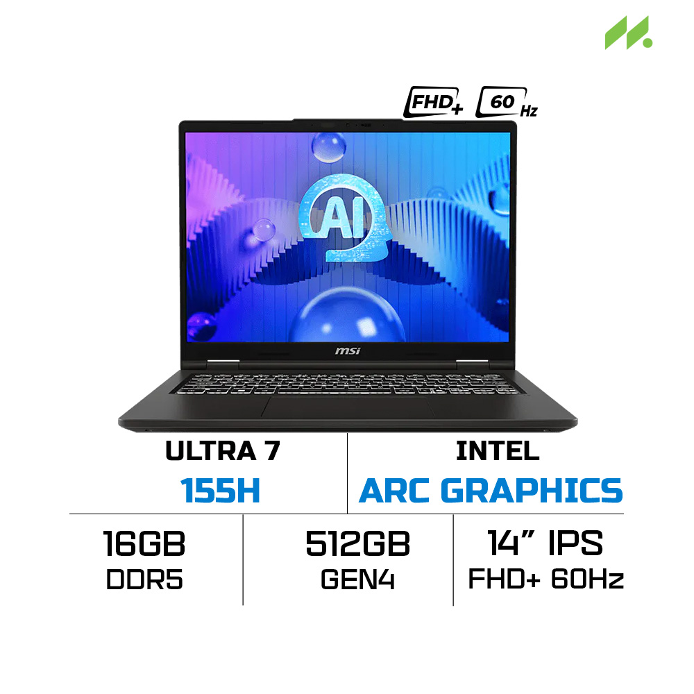 Laptop MSI Venture 14 AI A1MG-059VNCP (Ultra 7 155H, Intel Arc Graphics, RAM 16GB DDR5, SSD 512GB, 14 Inch IPS FHD+ 60Hz, Win 11 Home)