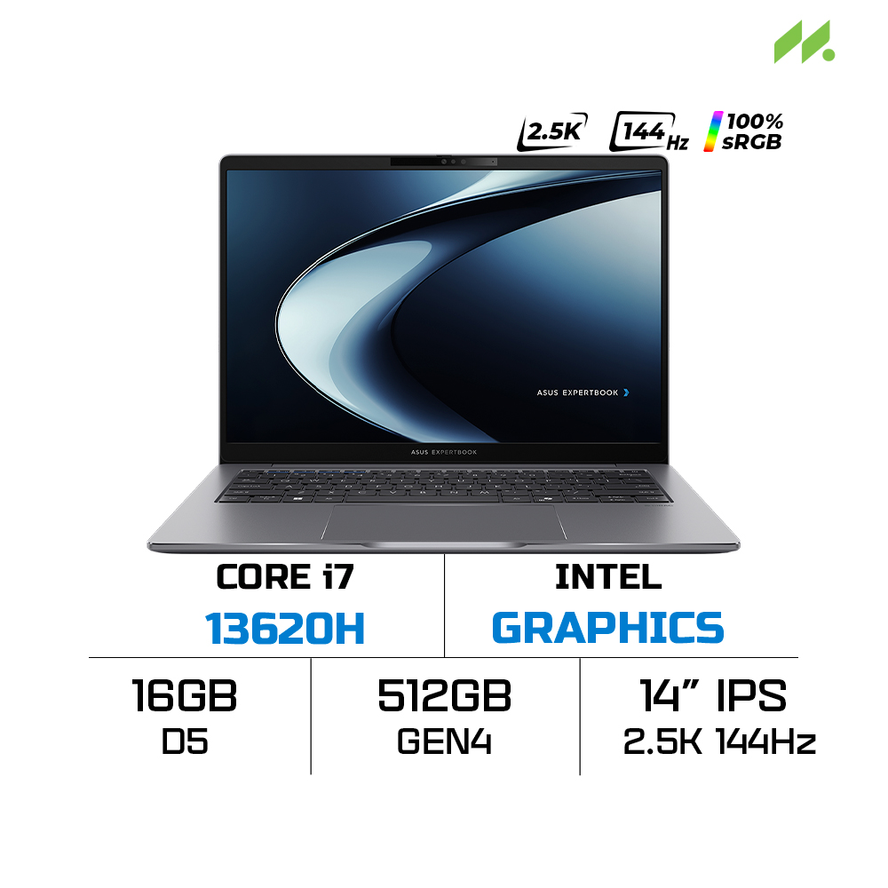 Laptop Asus ExpertBook P3 P3405CVA-NZ0077W (i7-13620H, UHD Graphics, RAM 16GB DDR5, SSD 512GB, 14 Inch IPS WQXGA 144Hz 100% sRGB)