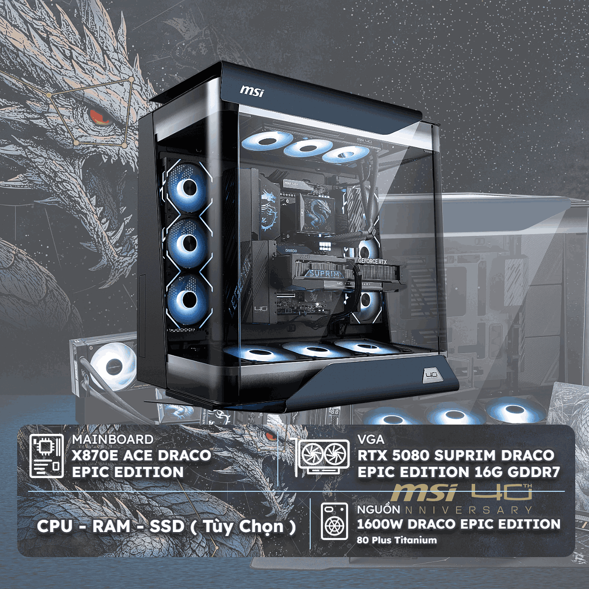 PC MSI THE DRACO EPIC EDITION (AMD Ryzen , RTX 5080 16GB, RAM DDR5, SSD , 1600W)