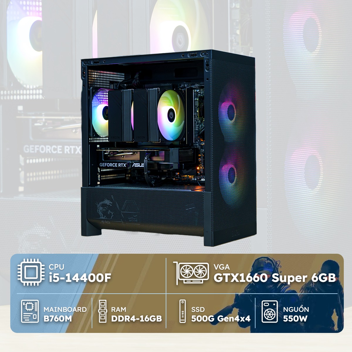 PC Gaming i5F-1660S (i5-14400F, GTX 1660 Super 6GB, Ram 16GB, SSD 500GB, 550W)