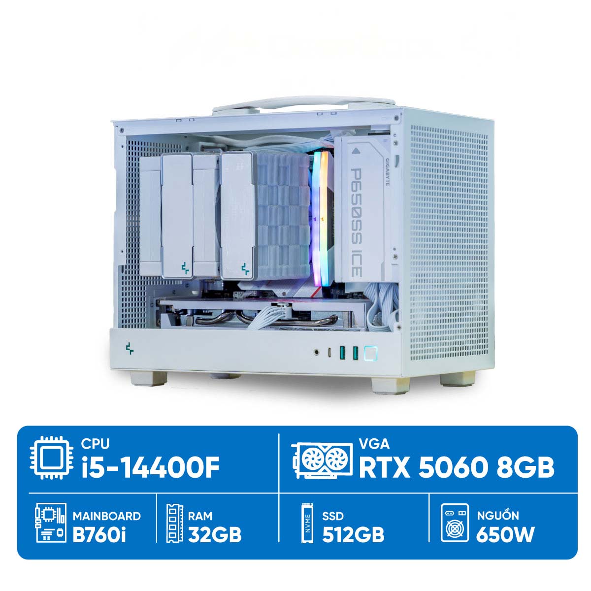 PC ST ITX I5-5060 White ( i5-14400F, RTX 5060 8GB, RAM 32GB, SSD 500GB, 650W, WIN11 )