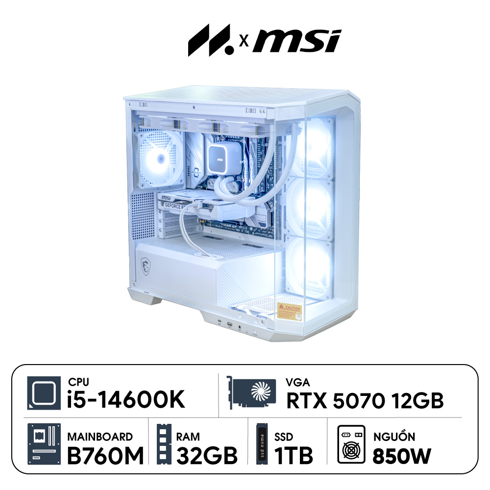 PC MSI i5K-5070 White ( i5-14600K, RTX 5070 OC 12GB, Ram 32GB DDR5, SSD 1TB, 850W )