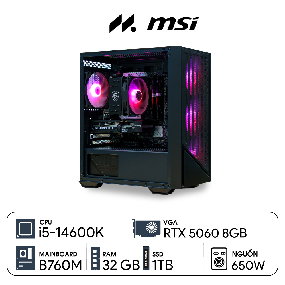 PC MSI i5-5060 D5 (i5-14600K, RTX 5060 OC 8G, Ram 32GB DDR5, SSD 1TB, 650W)