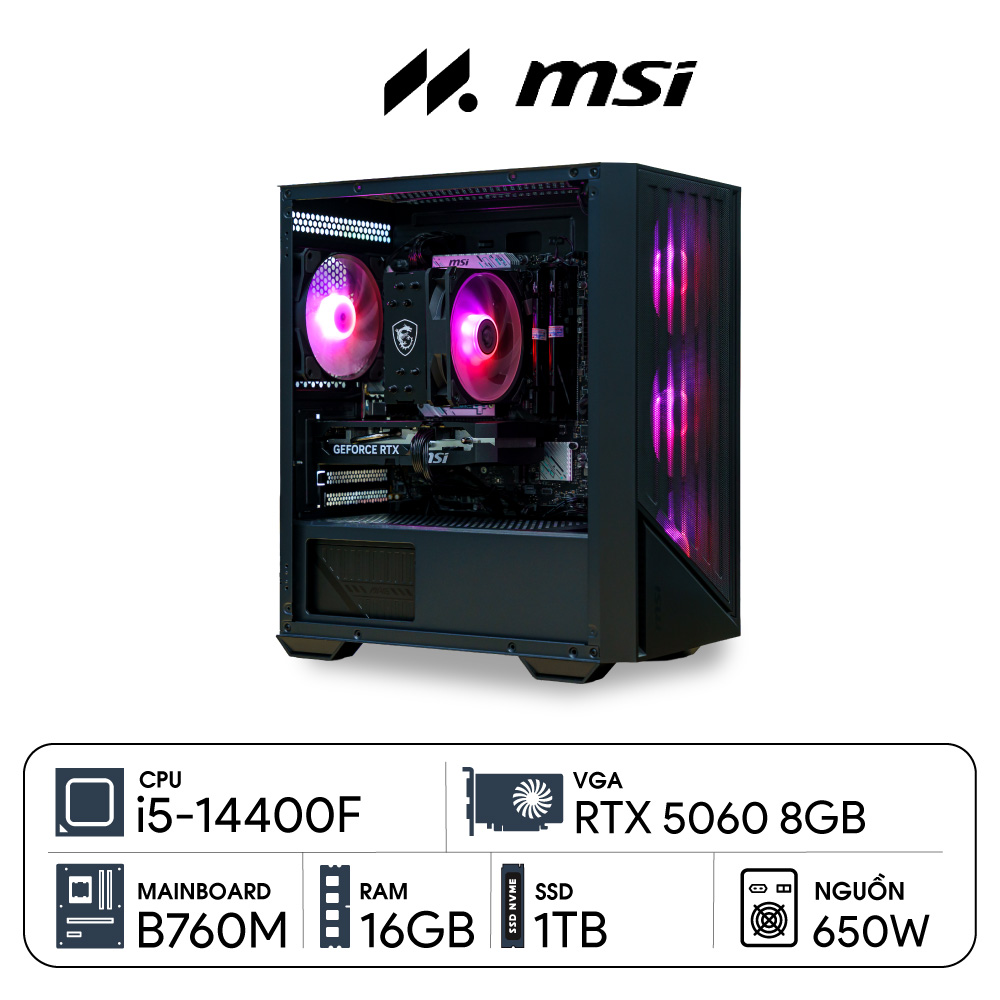 PC MSI i5-5060 (i5-14400F, RTX 5060 OC 8G, Ram 16GB DDR4, SSD 1TB, 650W, Ubuntu)