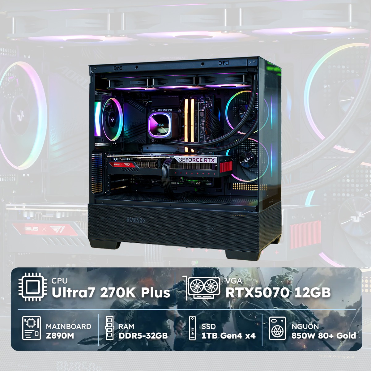 PC Gaming Ultra 7-5070 (Ultra 7 270K, RTX 5070 12GB, Ram 32GB, SSD 1TB, 850W)