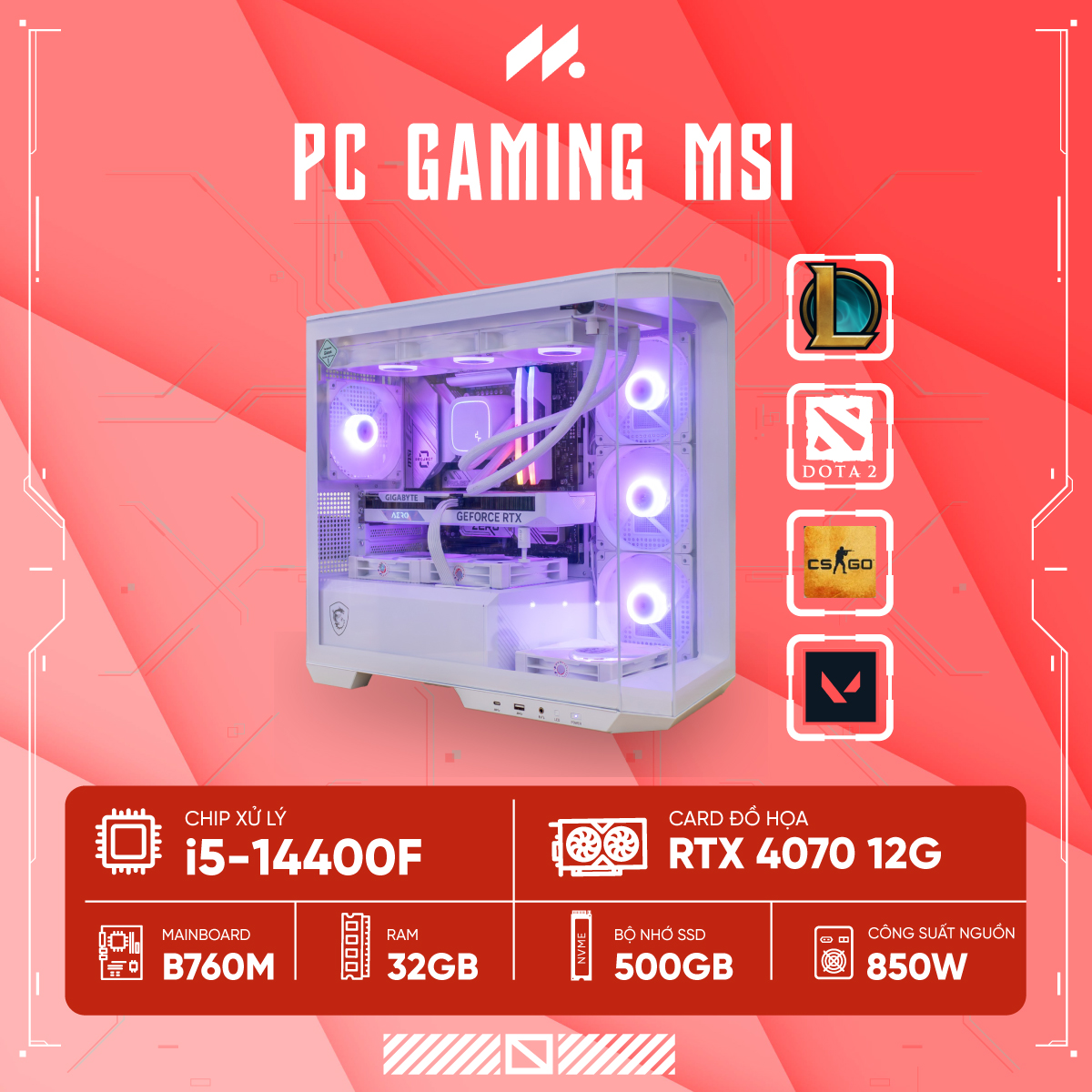 PC Gaming MSI PROJECT ZERO 5F (i5-14400F, RTX 4070 12G, Ram 32GB DDR5, SSD 500G, 850W)