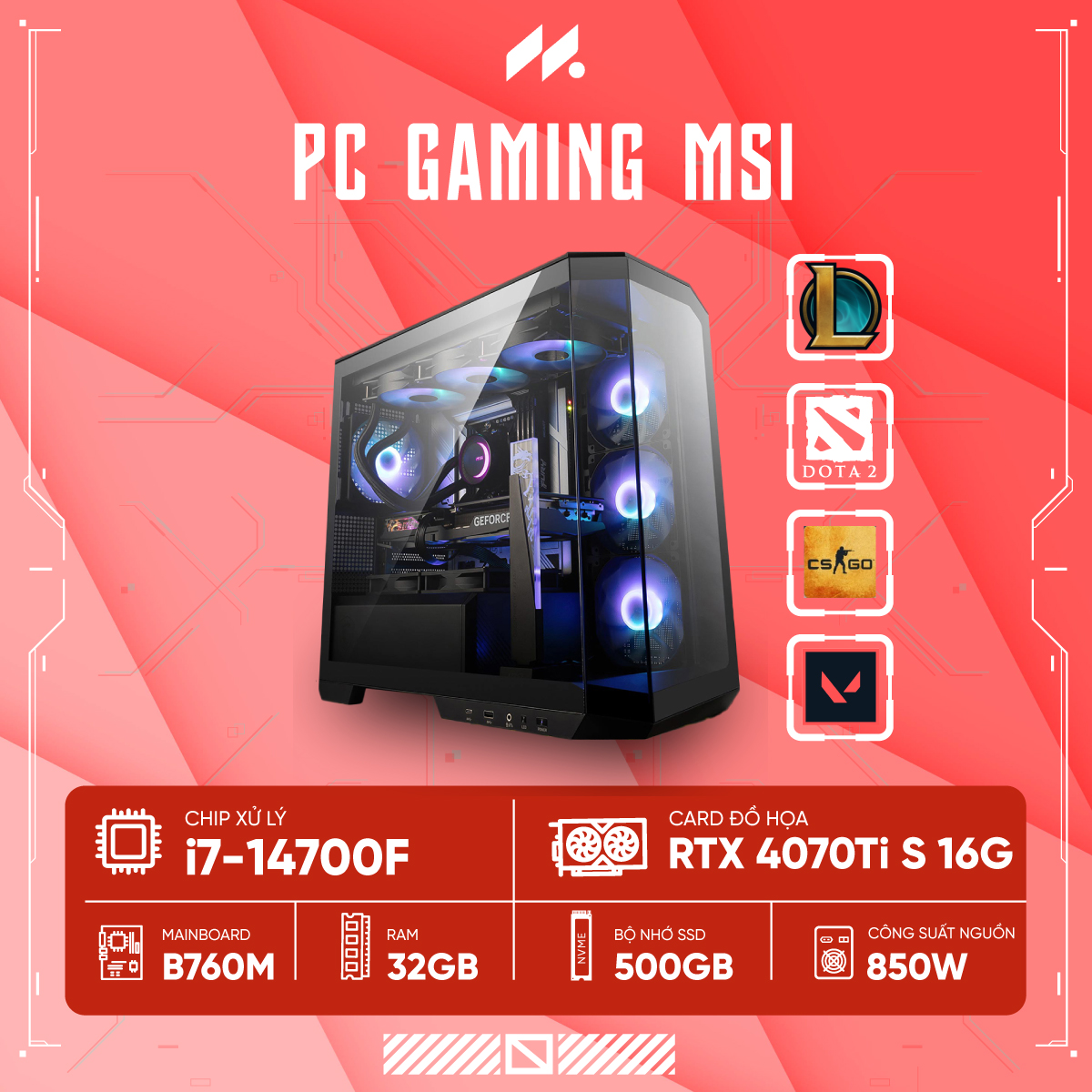 PC Gaming MSI PROJECT ZERO 7F (i7-14700F, RTX 4070 Ti Super 16G, Ram 32GB DDR5, SSD 500G, 850W)