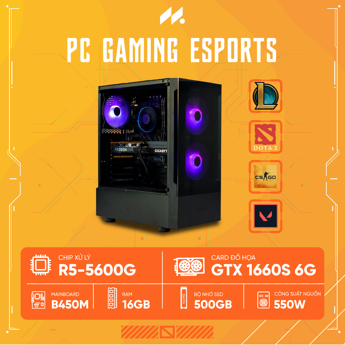 PC Gaming Esports R5-1660S (Ryzen 5 5600G, GTX 1660 Super 6GB, Ram 16GB, SSD 512GB, 550W, Win 11)
