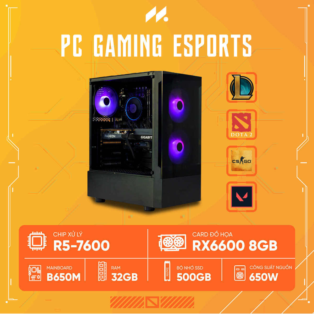 PC Gaming Esports R5-6600 (Ryzen 5 6600, RX 6600 8G, Ram 32GB, SSD 500GB, 650W)