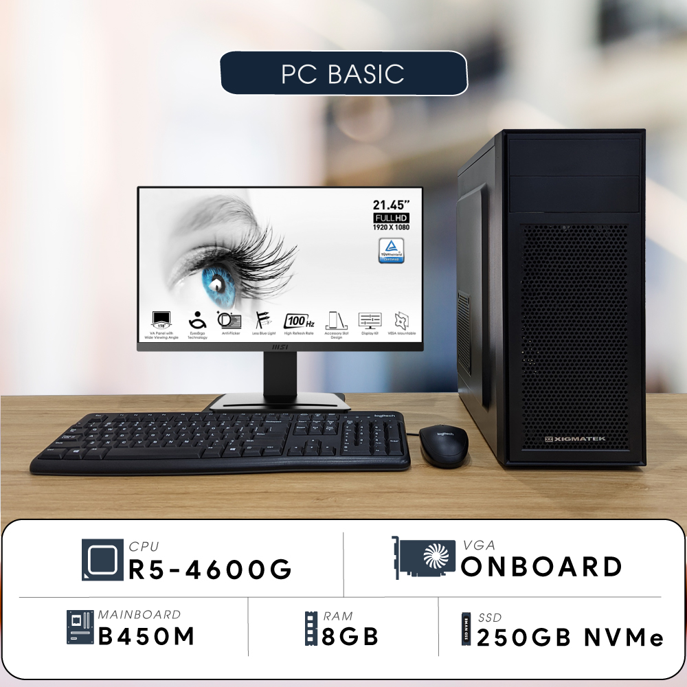 PC BASIC R5S (Ryzen 5 4600G, Vega 7 Graphics, Ram 8GB, SSD 250GB, 450W, LCD 22 Inch)