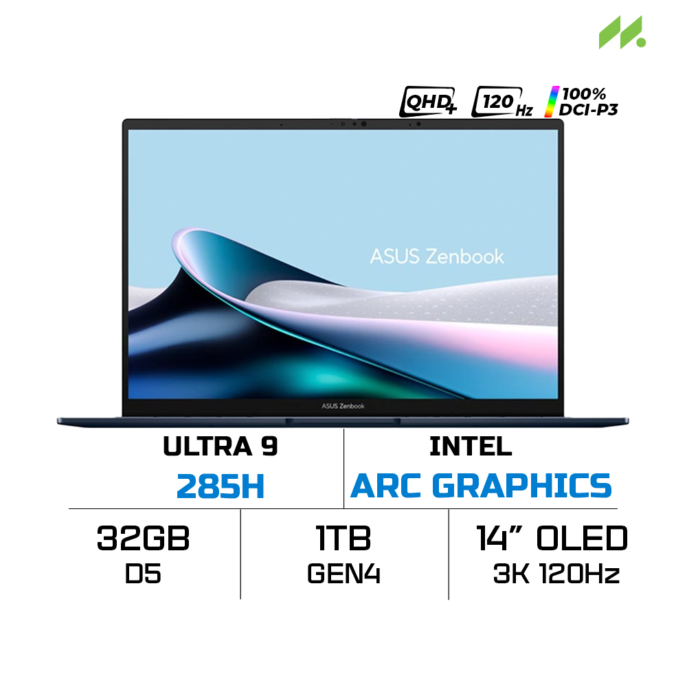 Laptop Asus Zenbook 14 UX3405CA-PZ204WS (Ultra 9 285H, Arc Graphics, Ram 32GB LPDDR5X, SSD 1TB, Touch Screen, 14 Inch OLED 3K 120Hz 100% DCI-P3, Win/OFFICE2024)