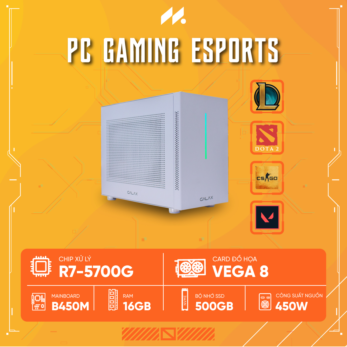 PC Gaming Esports R7 MINI (Ryzen 7 5700G, Radeon Graphics, Ram 16GB, SSD 500GB, 450W, Win 11)