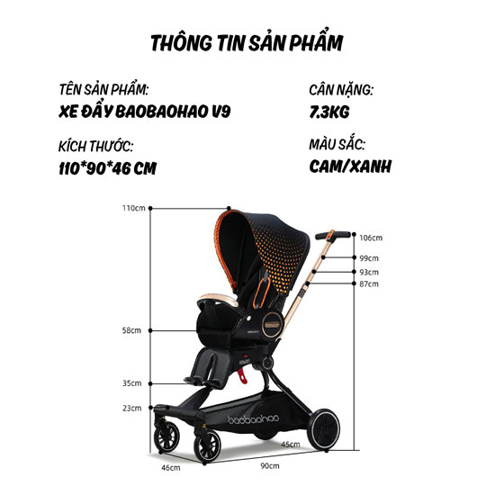 Kích thước chi tiết xe đẩy du lịch Baobaohao V9