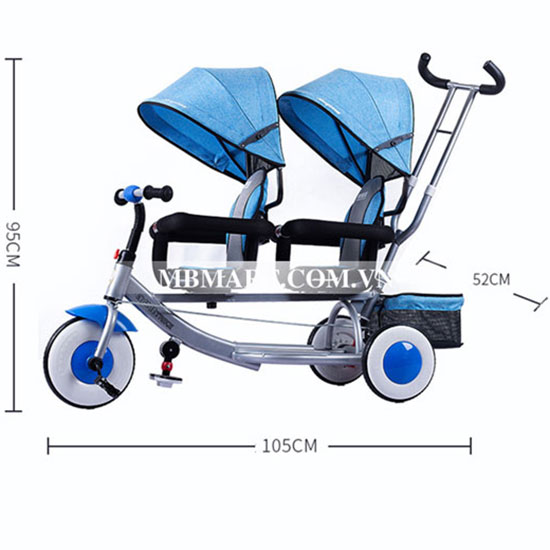Xe đẩy đôi 3 bánh cho bé có mái che 838A