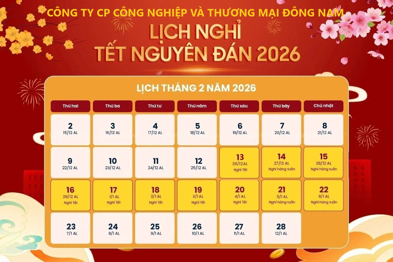 Lịch nghỉ tết nguyên đán công ty đông nam 2026