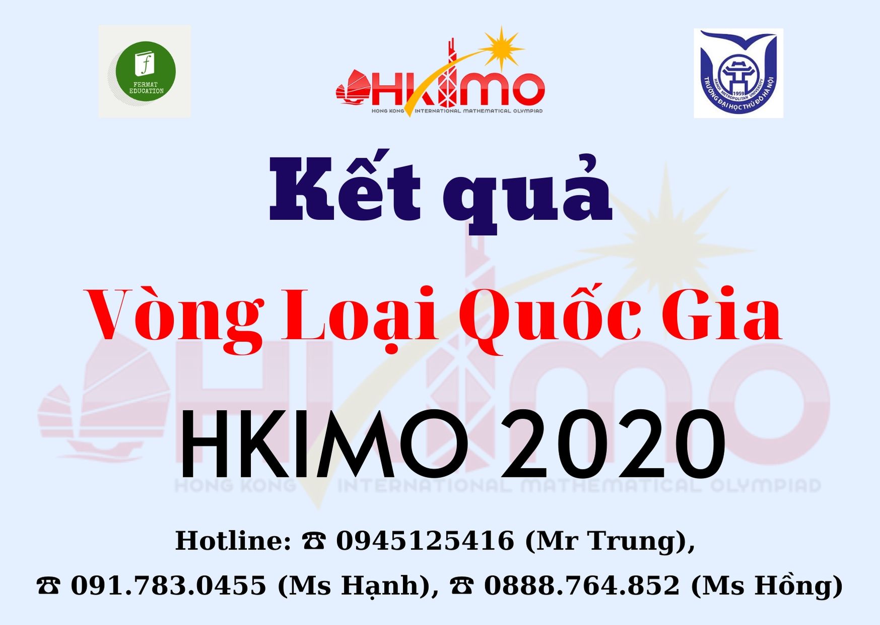 KẾT QUẢ VÒNG LOẠI QUỐC GIA KỲ THI OLYMPIC TOÁN HỌC QUỐC TẾ HKIMO 2020