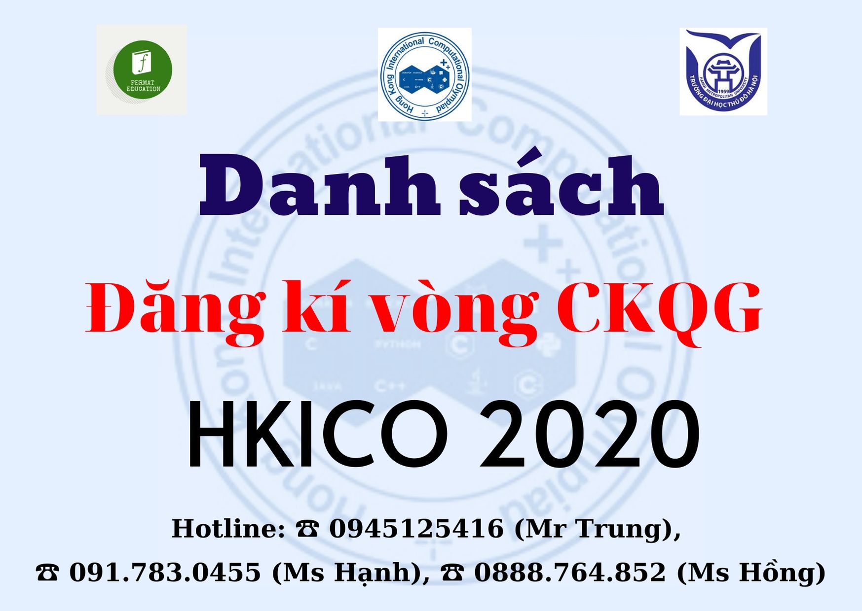 Danh sách đăng kí vòng Chung kết Quốc Gia Kỳ thi Olympic Tin học HKICO 2020 (14h00 19/05/2020)