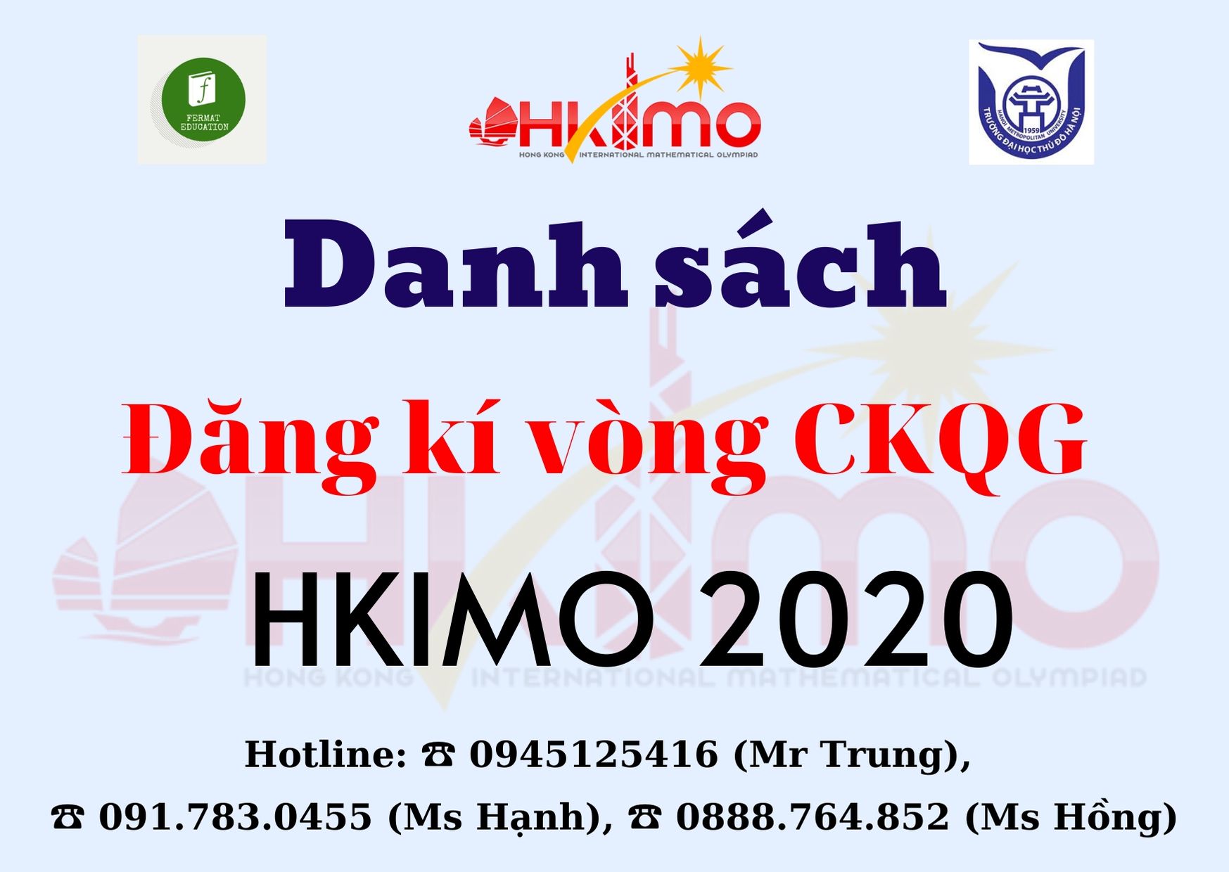 Danh sách đăng kí vòng Chung kết Quốc Gia Kỳ thi Olympic Toán học HKIMO 2020 (08h00 19/05/2020)