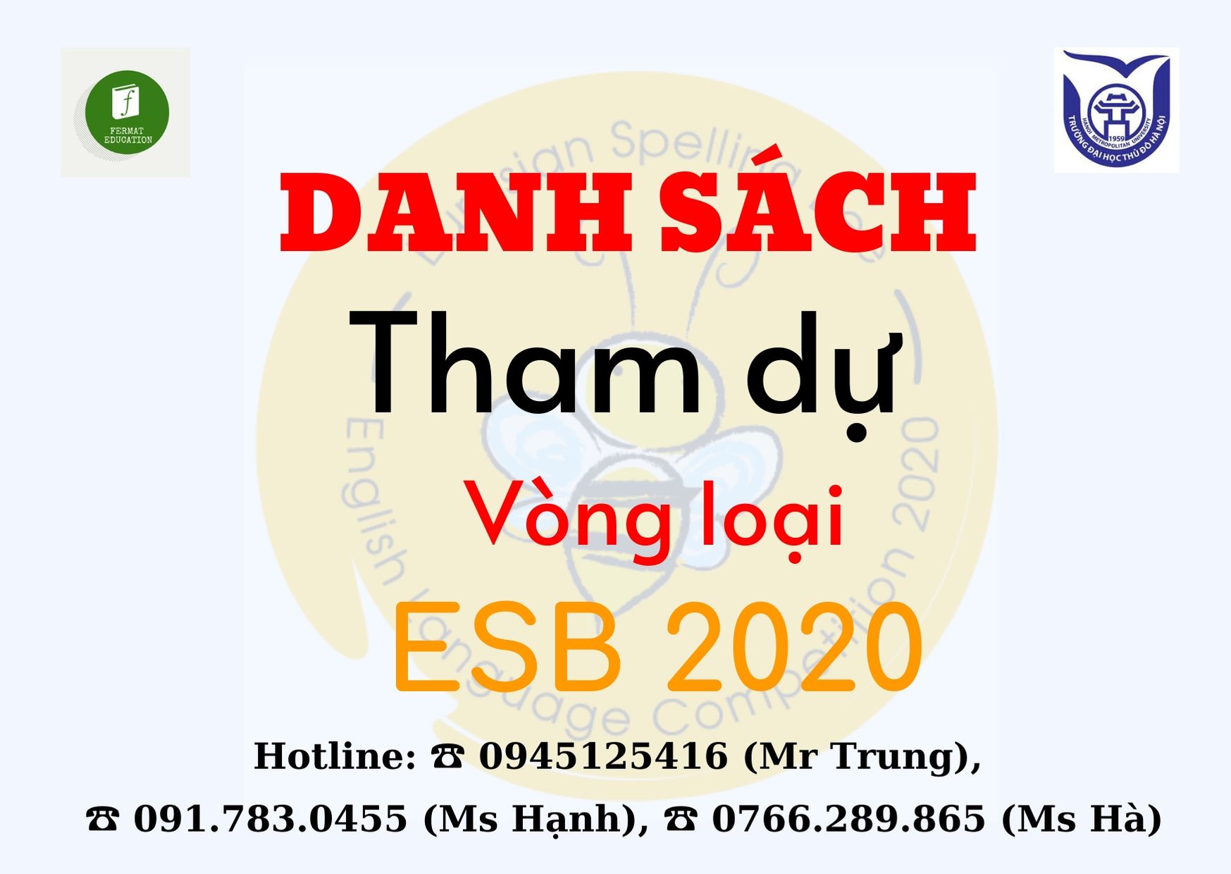 Danh sách thí sinh tham dự Vòng loại Quốc Gia Kỳ thi đánh vần Tiếng Anh Á Âu ESB 2020