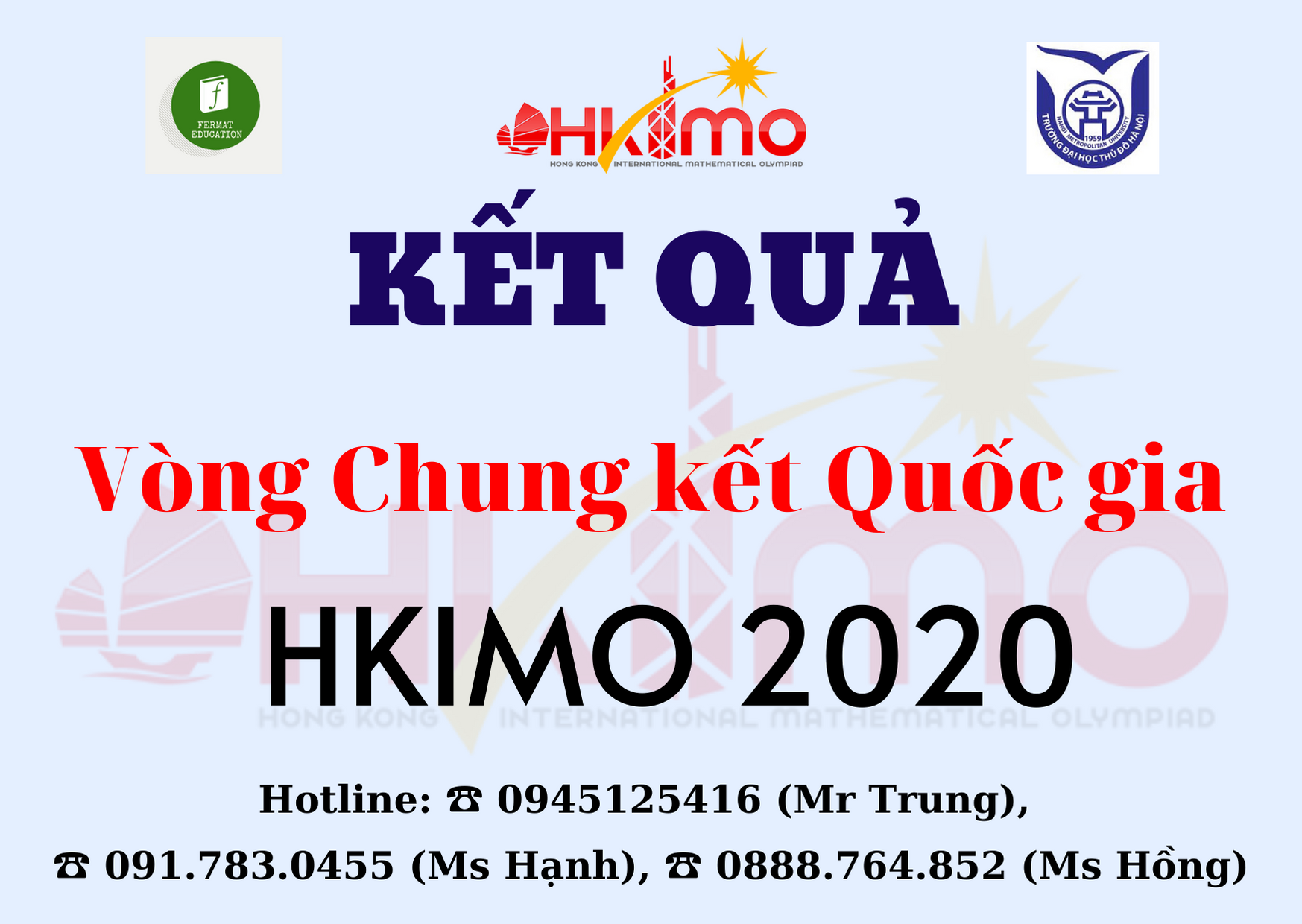 Kết quả Vòng Chung kết quốc gia kỳ thi Olympic Toán học quốc tế HKIMO 2020.