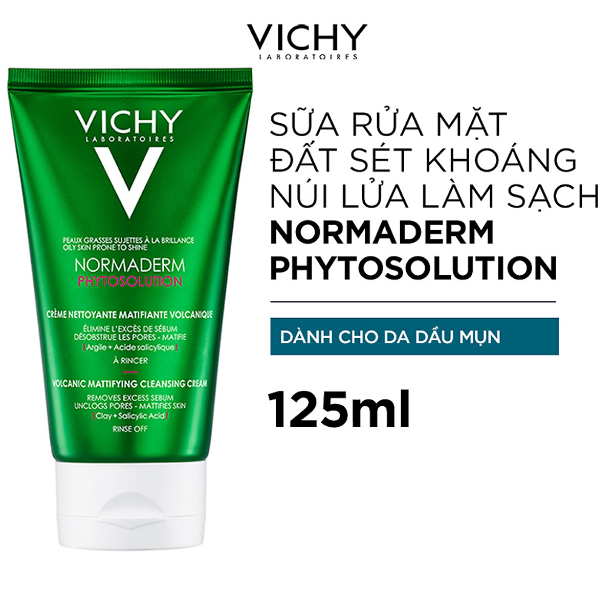 Sữa rửa mặt tạo bọt làm sạch sâu kiểm soát dầu Vichy Normaderm Phytosolution Volcanic Mattifying Cleansing Cream 125ml