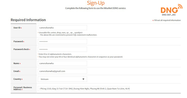 Tạo thông tin tải khoản đăng kí DDNS Wisenet
