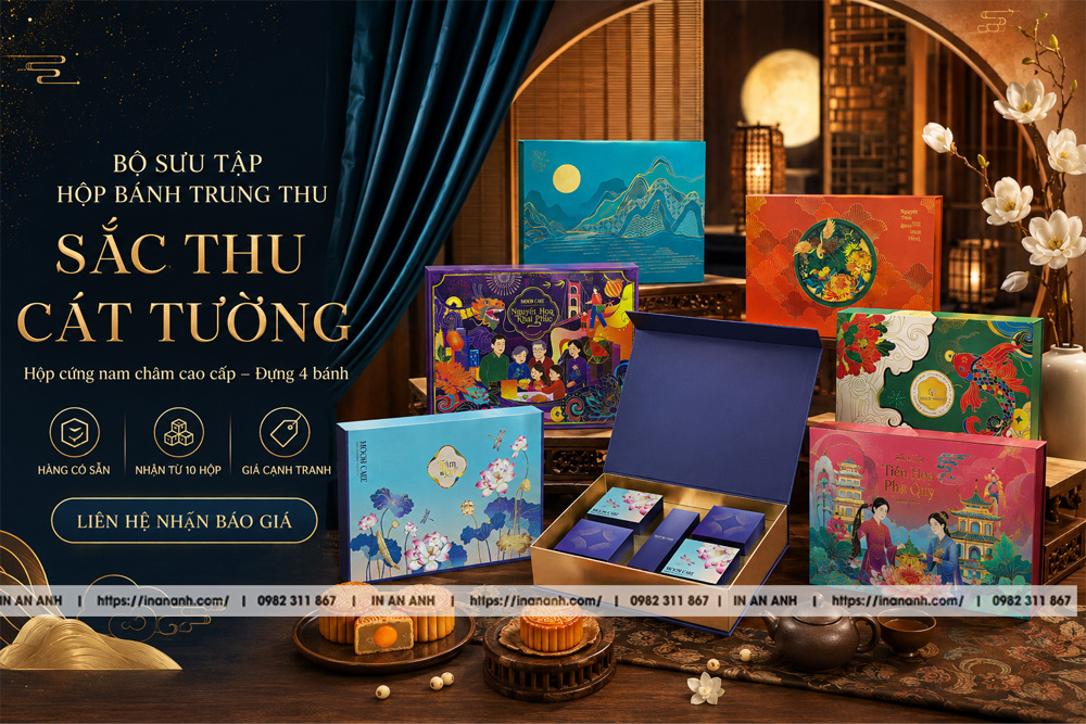 Hộp Bánh Trung Thu Nam Châm Cao Cấp Đựng 4 Bánh - Mẫu Có Sẵn, In Logo Theo Yêu Cầu