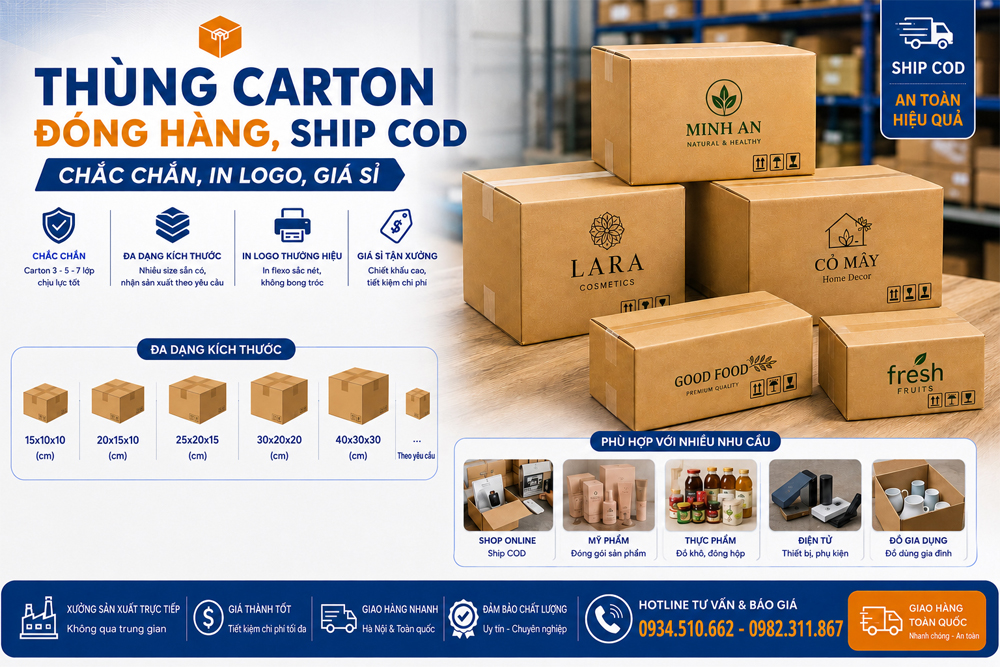 Thùng Carton Đóng Hàng, Ship COD — Chắc Chắn, In Logo, Giá Sỉ