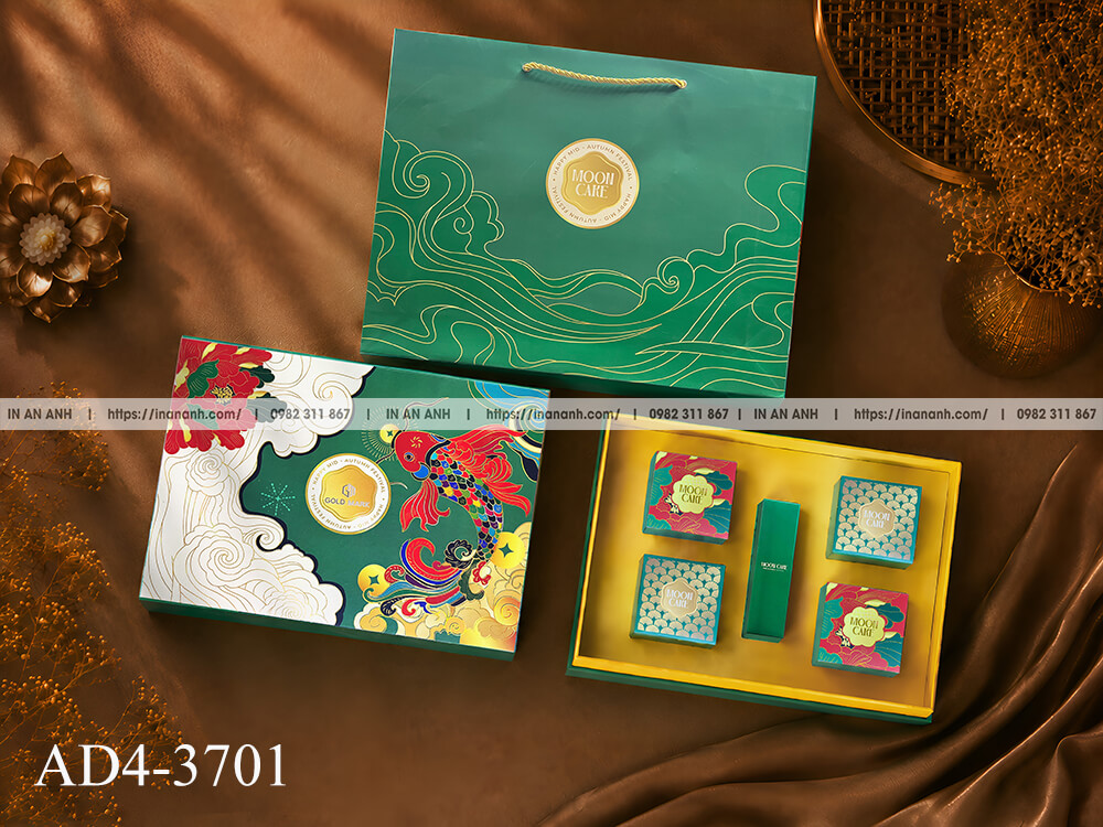 Hộp bánh trung thu âm dương mã AD4-3701 mẫu phượng hoàng Gold Mark nền xanh ngọc mây trắng