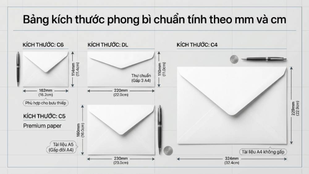 Bảng Kích Thước Phong Bì Chuẩn Tính Theo mm Và cm
