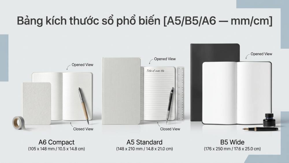 Bảng Kích Thước Sổ Phổ Biến A5, B5, A6 (mm, cm)