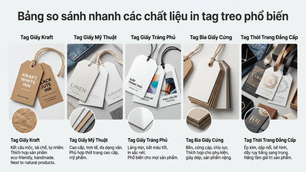 Bảng So Sánh Nhanh Các Chất Liệu In Tag Treo Phổ Biến