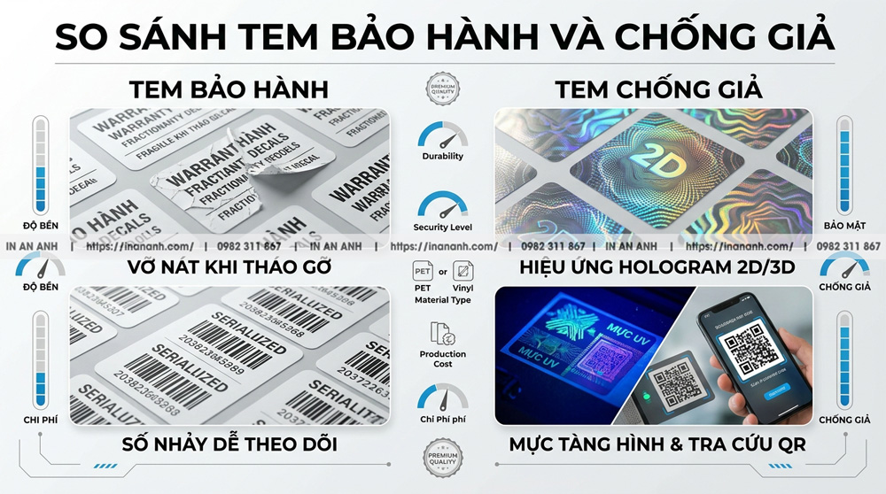 Bảng Thông Số So Sánh Khác Biệt Giữa Nhãn Bảo Hành Và Chống Giả Chi Tiết