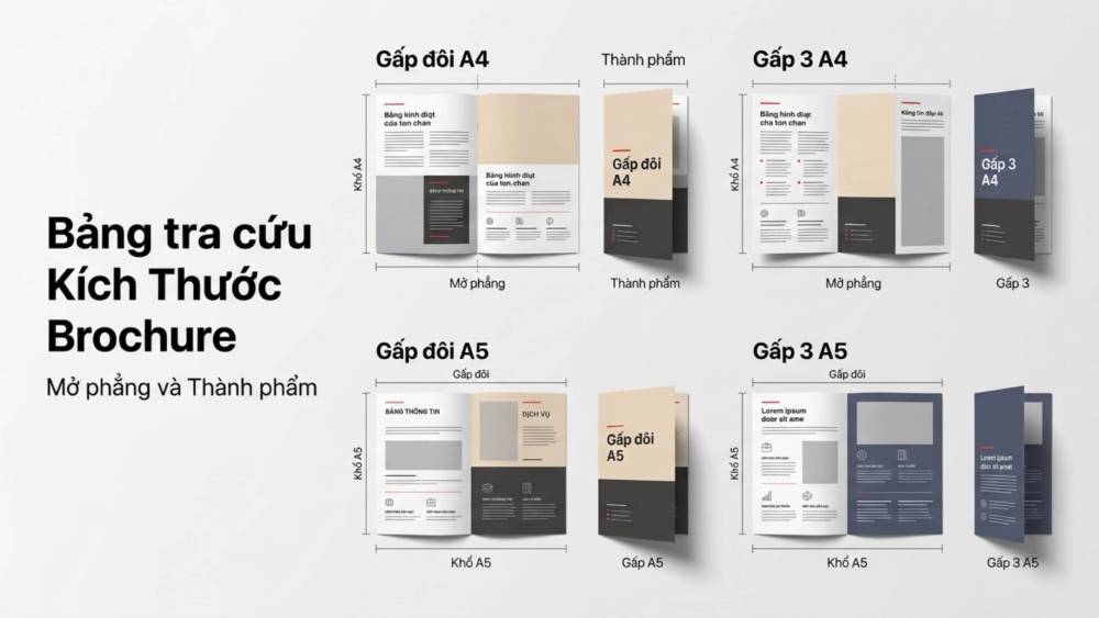 Bảng Tra Cứu Kích Thước Brochure Phổ Biến (Mở Phẳng Và Thành Phẩm)