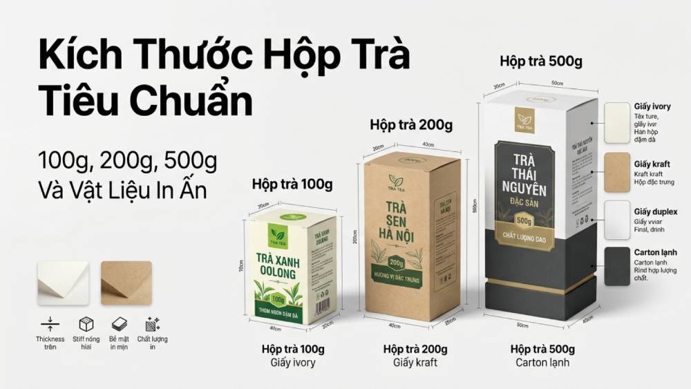 Bảng Tra Cứu Kích Thước Hộp Trà Tiêu Chuẩn 100g, 200g, 500g Và Thông Số Vật Liệu In Ấn